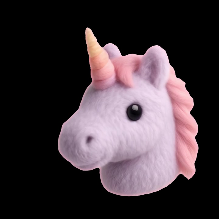 3D Animated Furry Unicorn Head Rotating Against Black Background