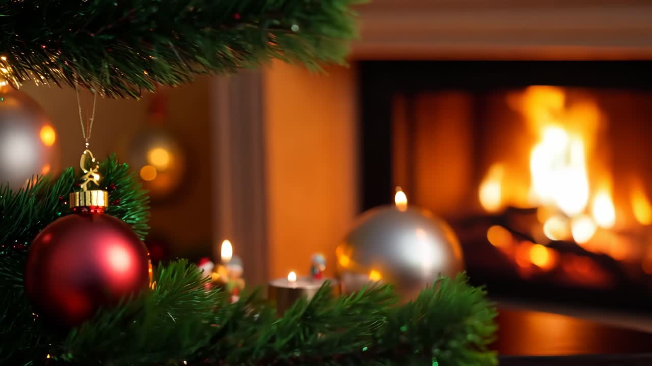 A red Christmas ornament hangs from a tree branch. The tree is surrounded by a fireplace, which is lit and has a few glowing embers. The scene conveys a cozy and festive atmosphere