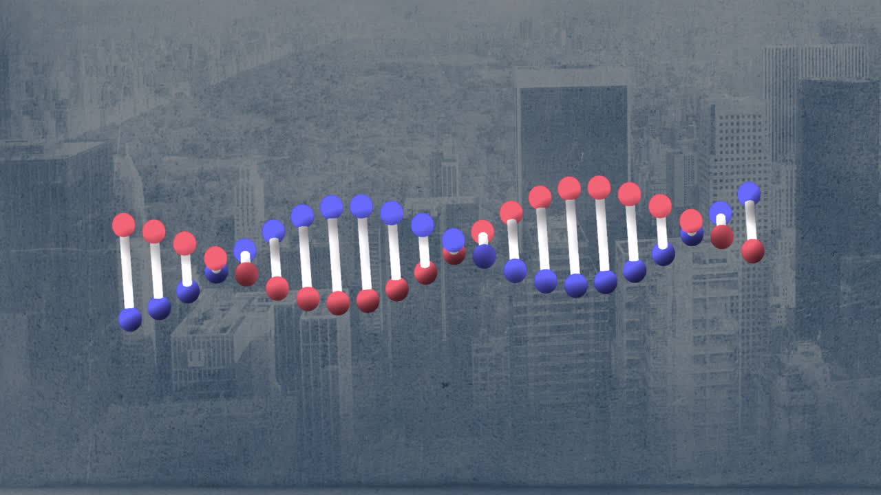 Animating DNA strand over cityscape with tall buildings in background