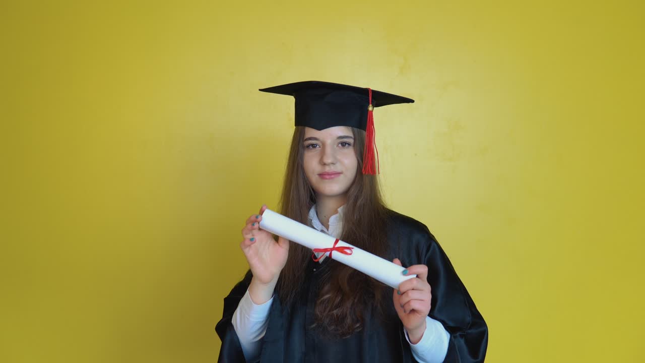 joven estudiante caucásica muestra su diploma de graduación mientras se queda frente a camerón en fondo amarillo