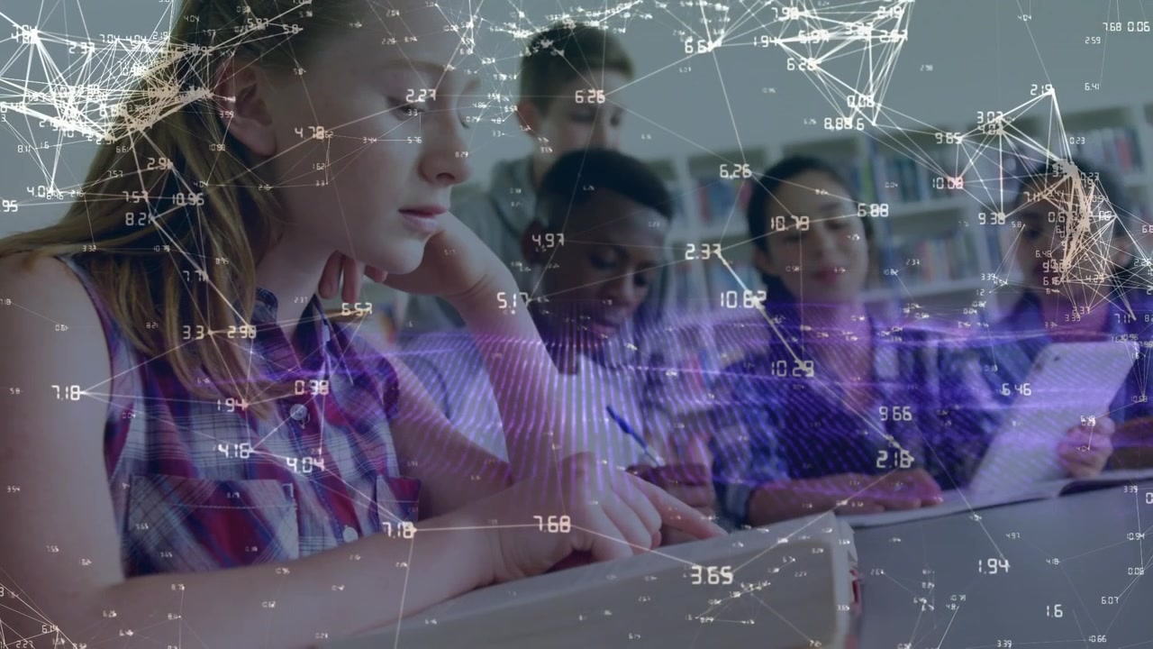 Diverse Students Studying Together in Library with Digital Data Overlay