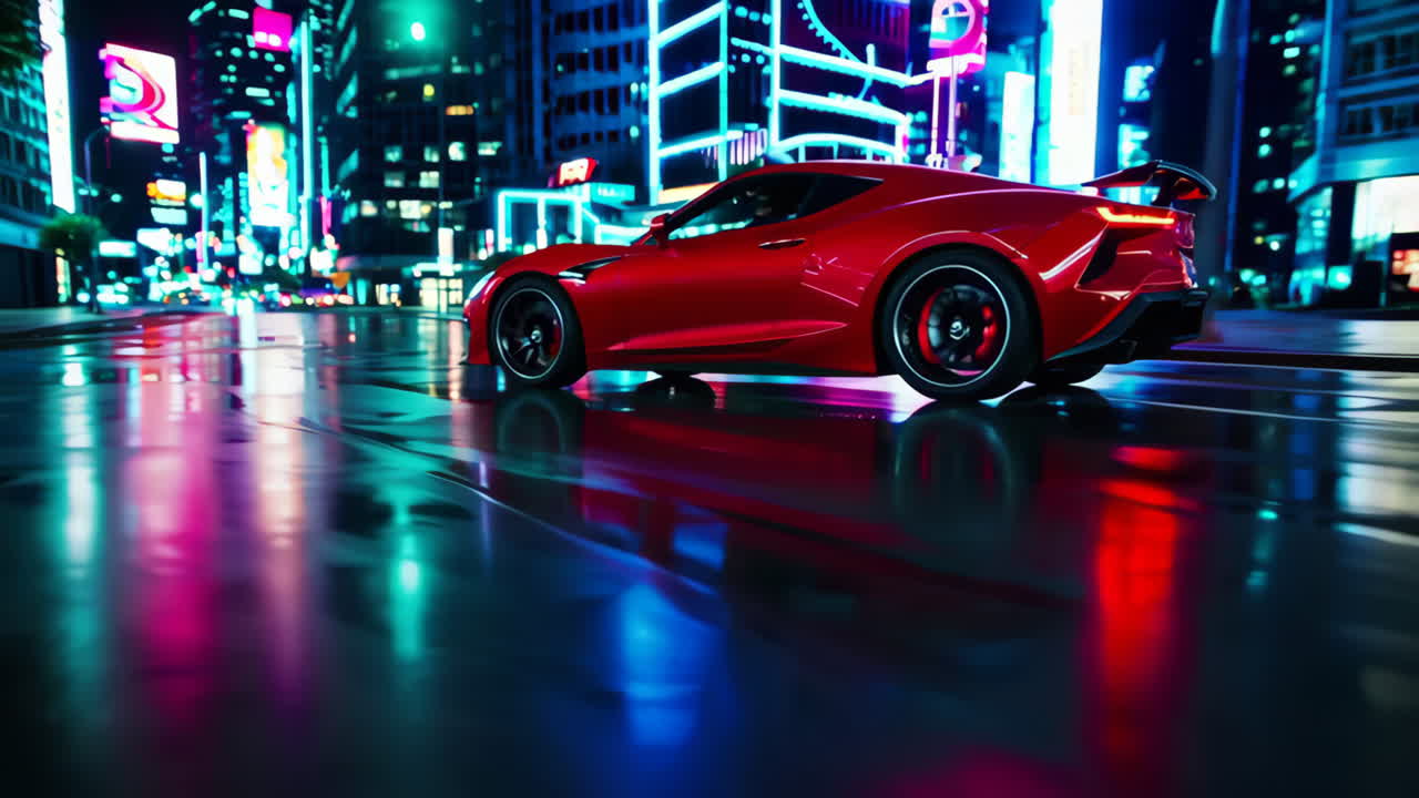 Red Sports Car in Neon-lit City at Night