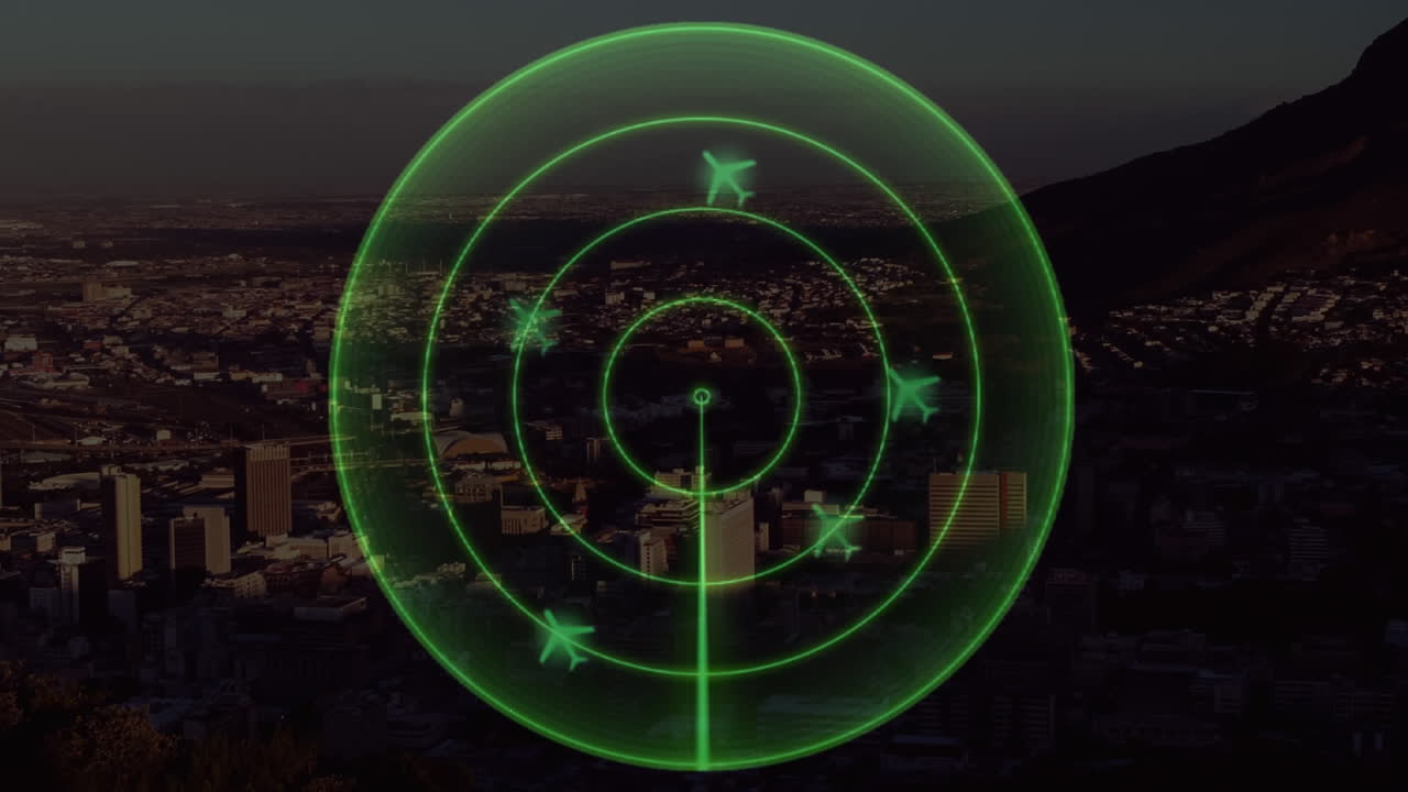 animación de radar con la ciudad en el fondo