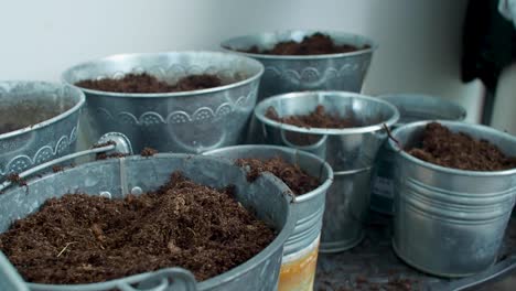 soil is being scattered across the pots, distributed evenly as it is sprinkled onto each one