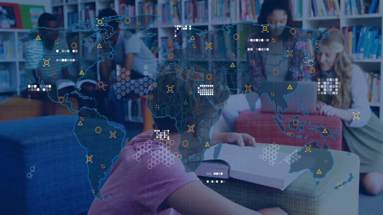 students in library studying, initiating fading world map evolving into data visuals for study