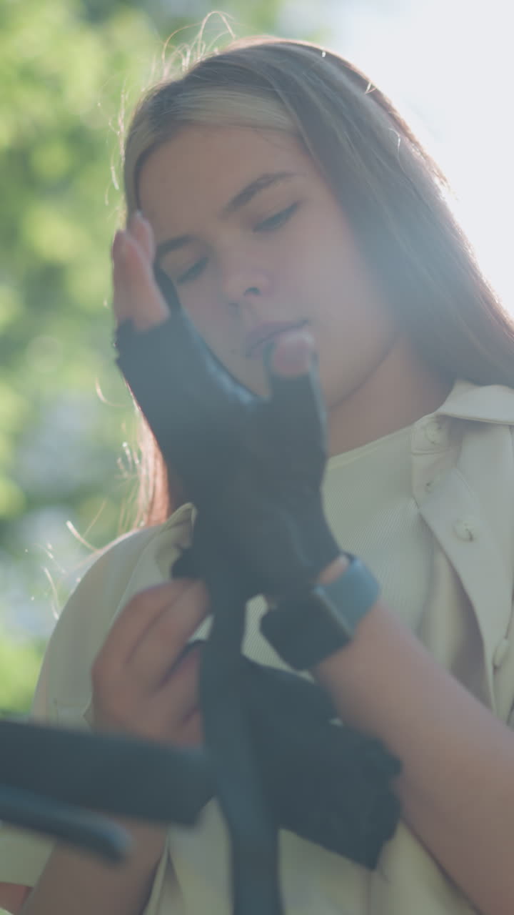 오토바이 장갑을 들고 있는 젊은 여성의 낮은 각도 시각, 왼손에 장갑을 착용할 준비, 집중된 표정, 배경에 흐릿한 녹색 잎자루