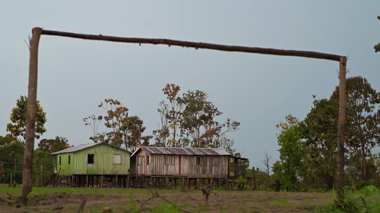 Amazon rainforest village scene with wooden houses on stilts, quiet and peaceful