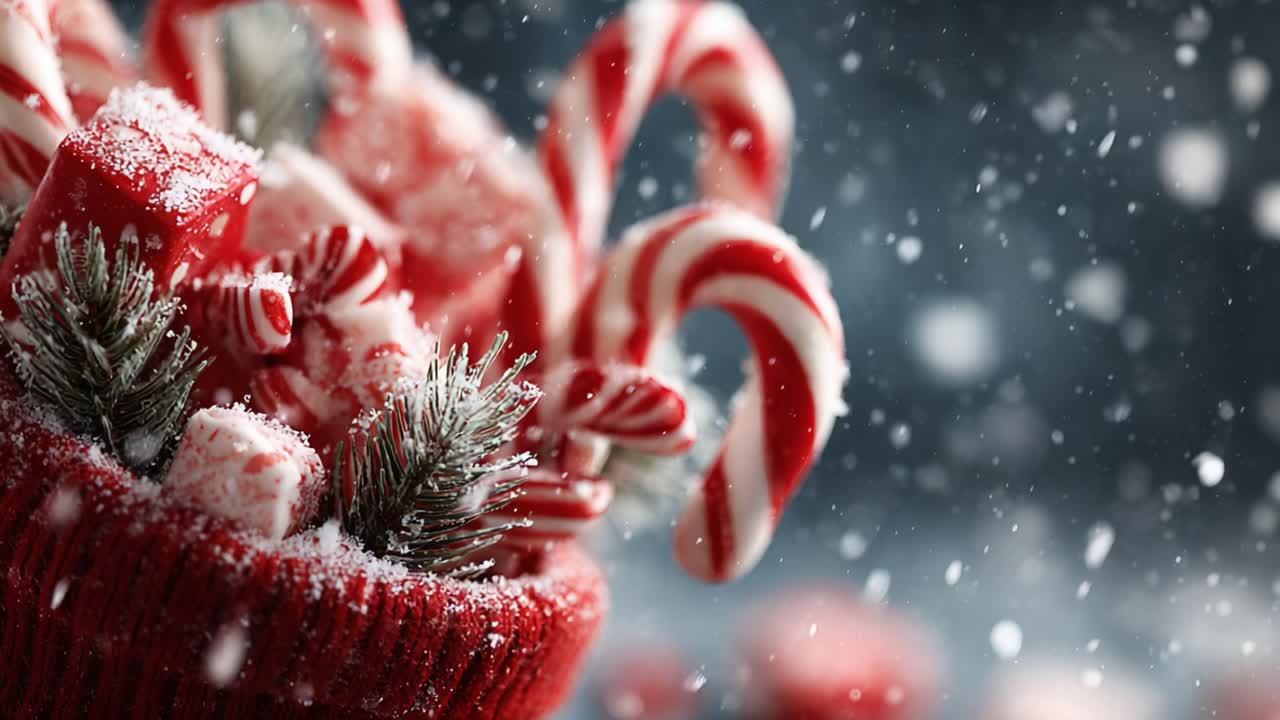 A Festive Arrangement of Christmas Candies and Decorations in a Cozy Red Basket Surrounded by Gentle Snowfall, Evoking Holiday Cheer and Warmth