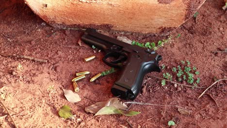 a black hand gun firearm is placed on a sandy floor next to live ammunition surrounded by plants