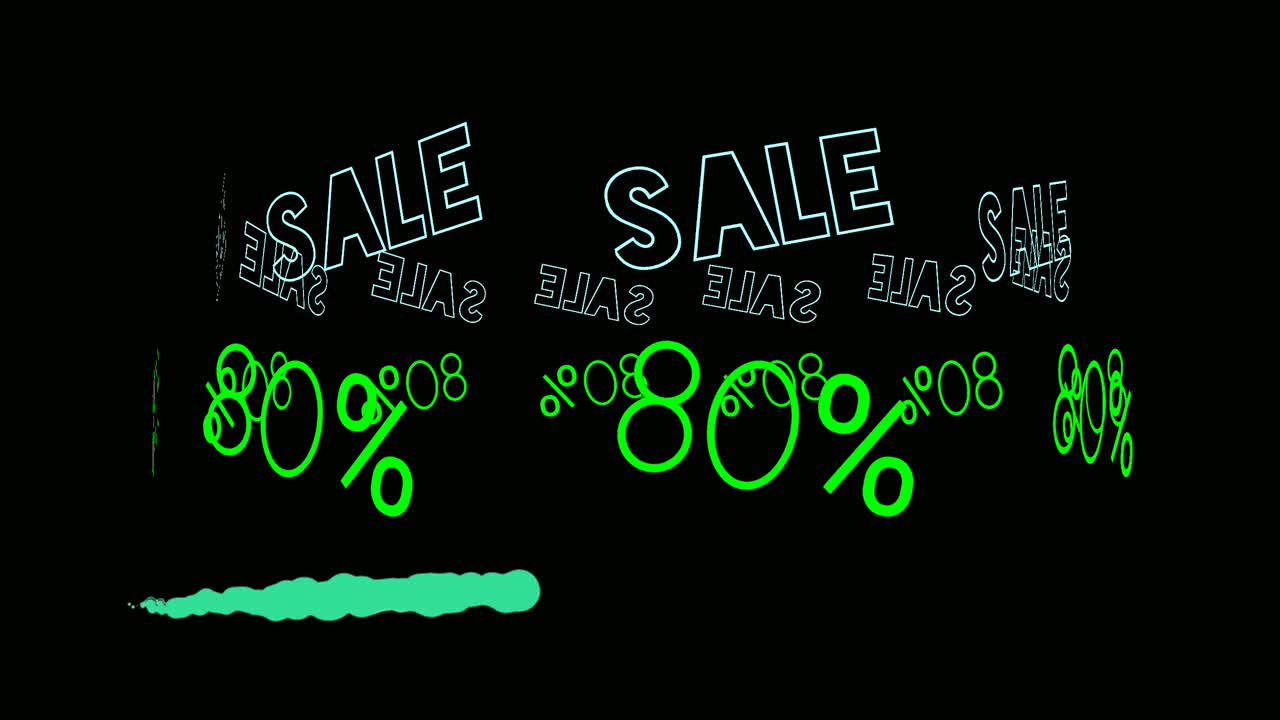 Flash sale neon sign animation fluorescent light glowing banner black background. sale 80% OFF running text neon lights signboard at night using as store sign or restaurant.4k video