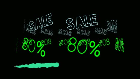 flash sale neon sign animation fluorescent light glowing banner black background. sale 80% off running text neon lights signboard at night using as store sign or restaurant.4k video