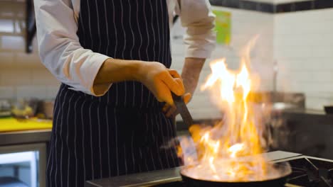 slow motion of chef cooking with fire provokes flames in pan in a professional kitchen