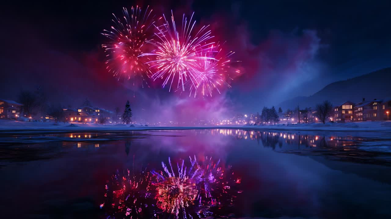 Captivating display of vibrant fireworks illuminating the night sky over a tranquil lake, reflecting bursts of color and excitement in a picturesque winter setting