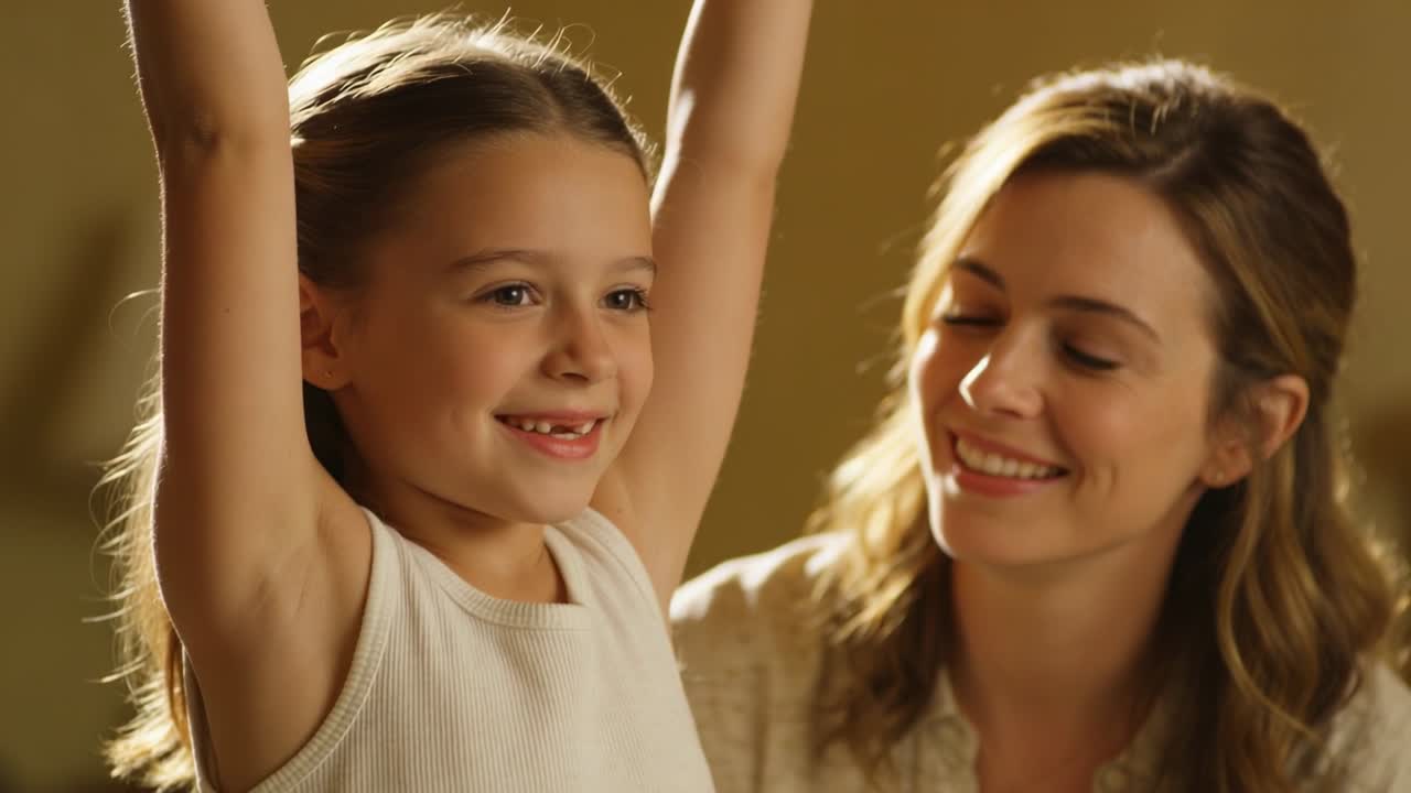 Mãe no sofá sorrindo enquanto levanta a criança de blusa branca, que começa a levantar os braços em casa, buscando elogios.