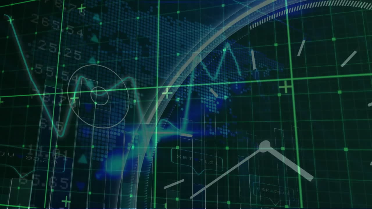 Animation with world map and digital grid in green and blue colors