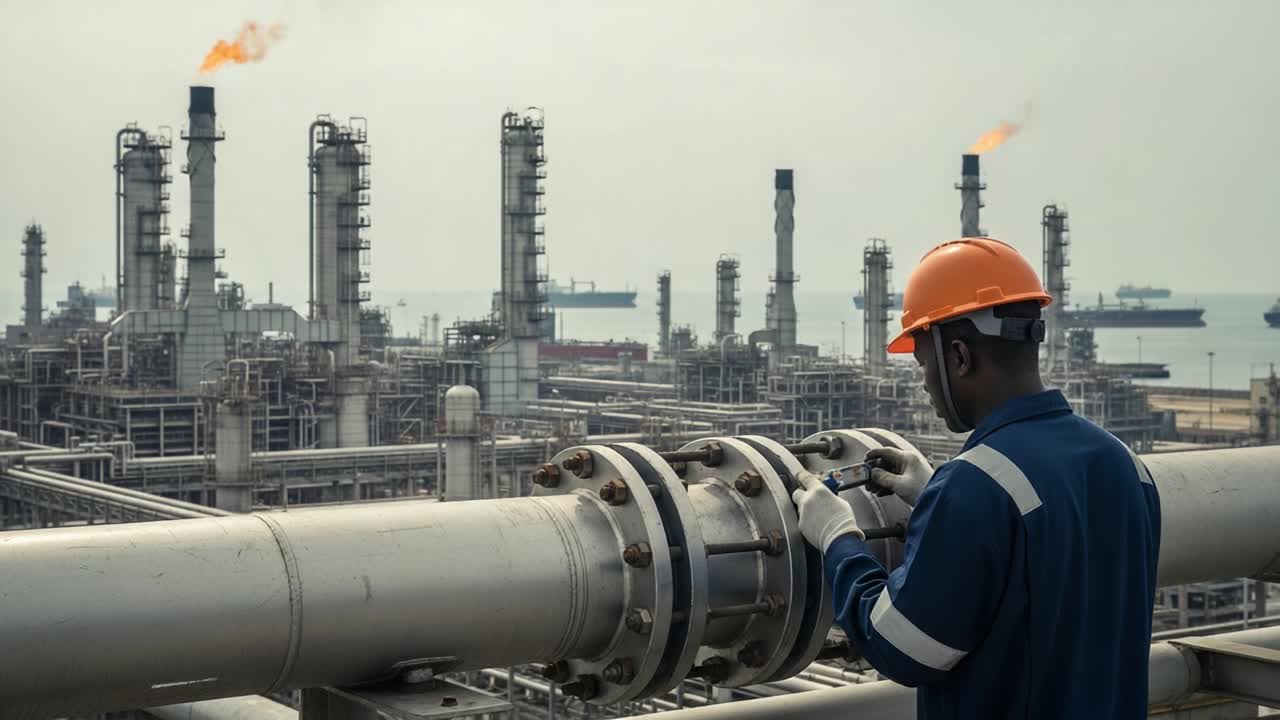 A worker in safety gear inspects industrial pipelines at an oil refinery, surrounded by towering smokestacks and blazing flares under an overcast sky.