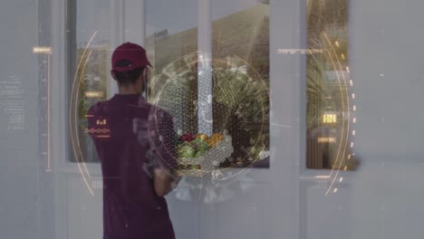 animación de la célula del virus y escaneo de alcance sobre el repartidor caucásico con una caja de verduras