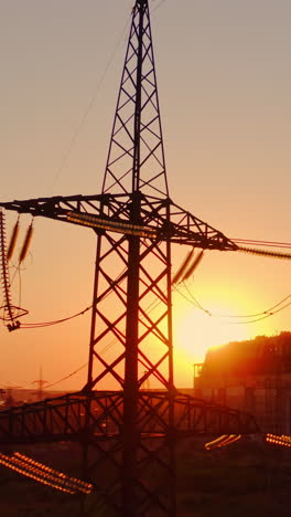 industrial high voltage electricity tower. silhouette of high voltage electric tower on sunset time. industrial factory against the evening sky on sunset time background. vertical video
