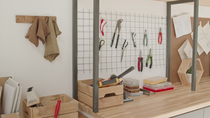 A workbench with organized tools and office supplies