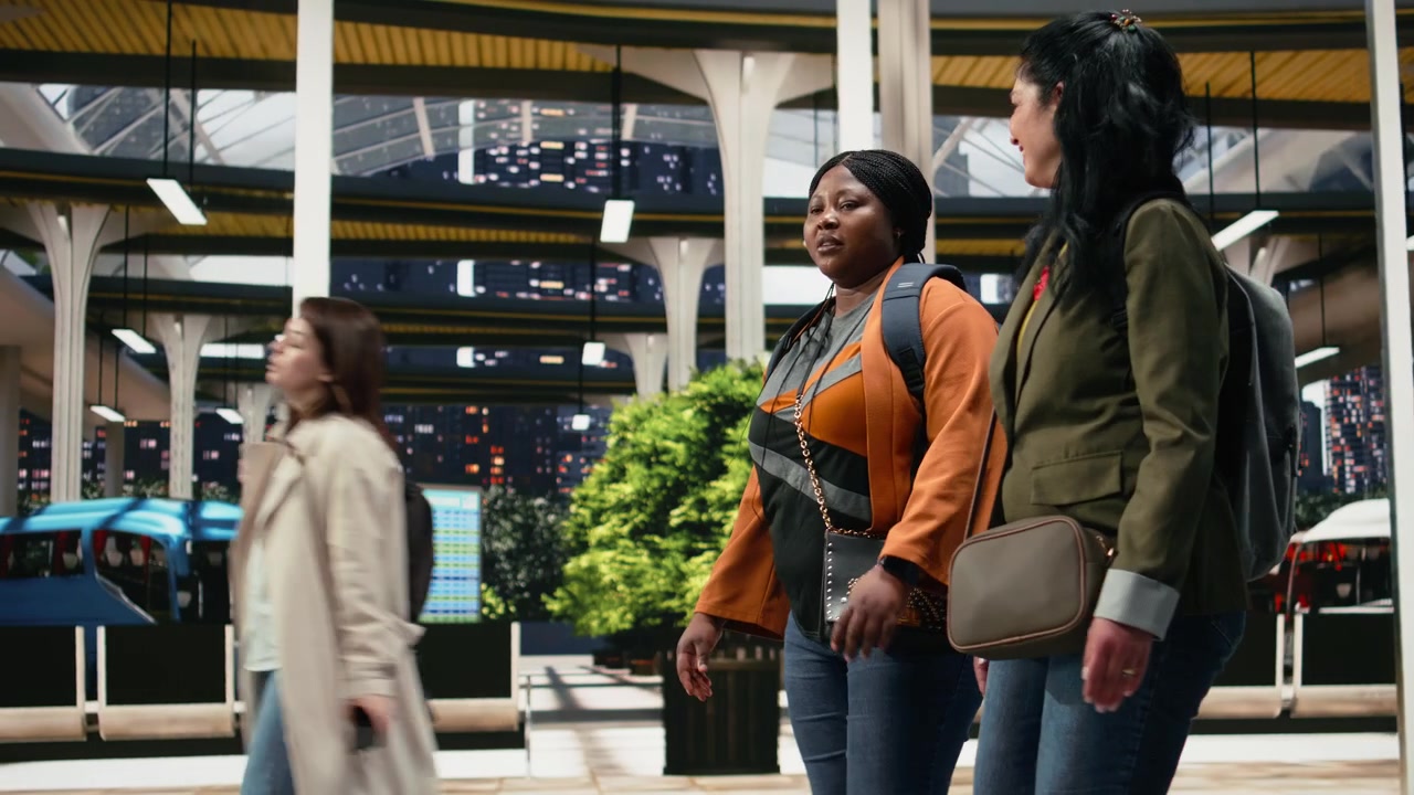 Friends walking together through modern bus terminal while chatting