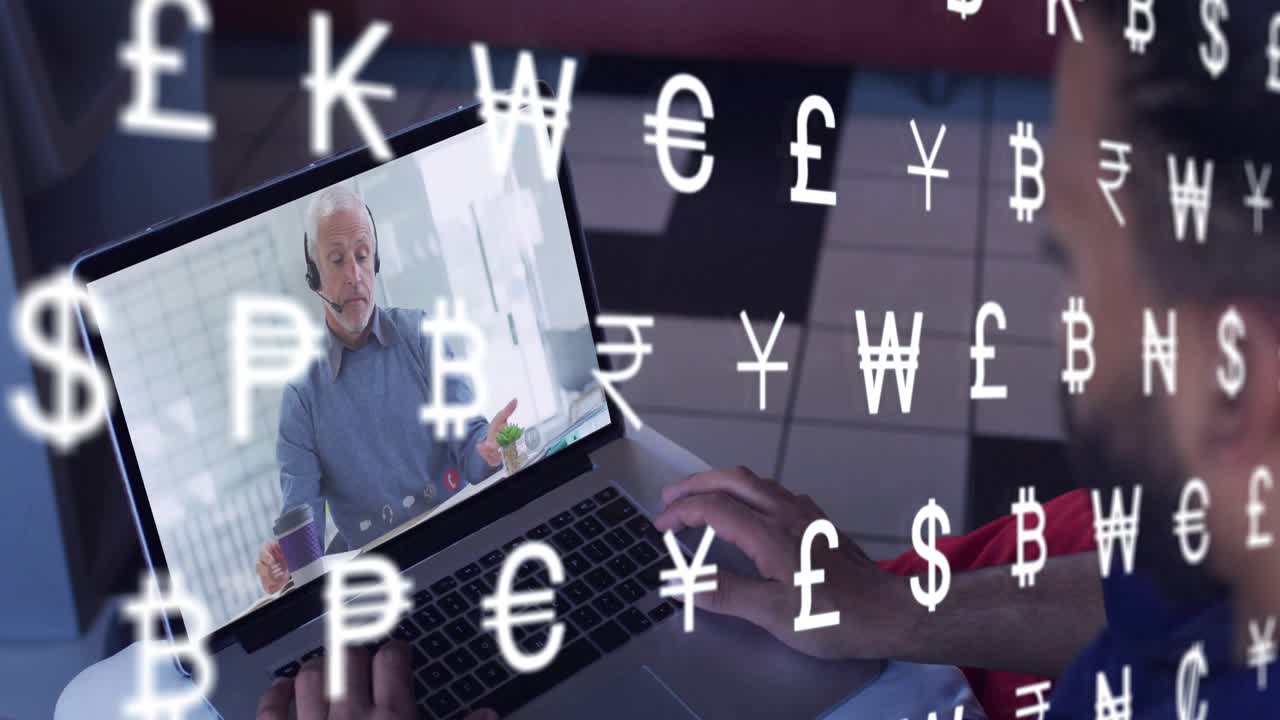 Laptop user placing hands on laptop, typing while currency icons drifting across frame for finance