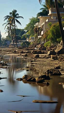 damaged coastal buildings and eroded shoreline after a storm at dawn