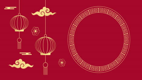 animación de linternas y formas chinas sobre un círculo sobre fondo rojo
