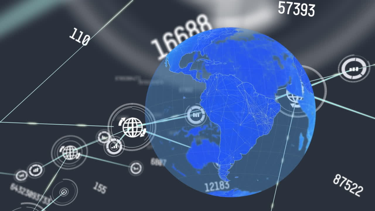 숫자가 변하고 연결된 아이콘이 검은색 배경에 지구를 가로질러 움직이는 애니메이션