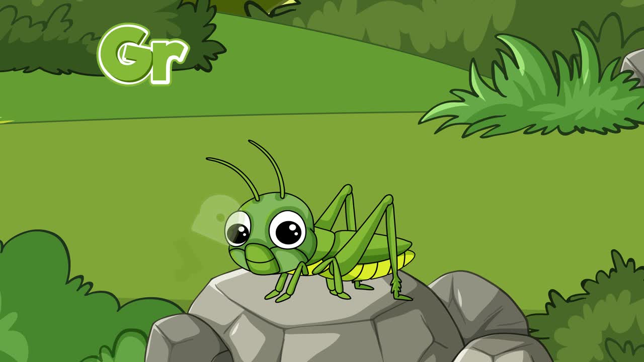 En tegneseriegræshoppe sidder på en sten i en skov, mens ordet "Grasshopper" vises ovenover