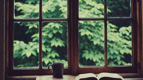 cozy window scene with book and mug