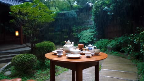 rainy tea ceremony in a japanese garden