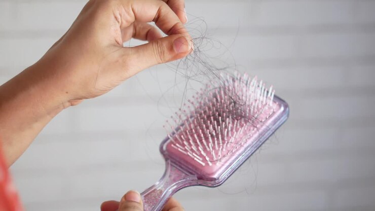 Woman holding a hairbrush with a lot of hair on it
