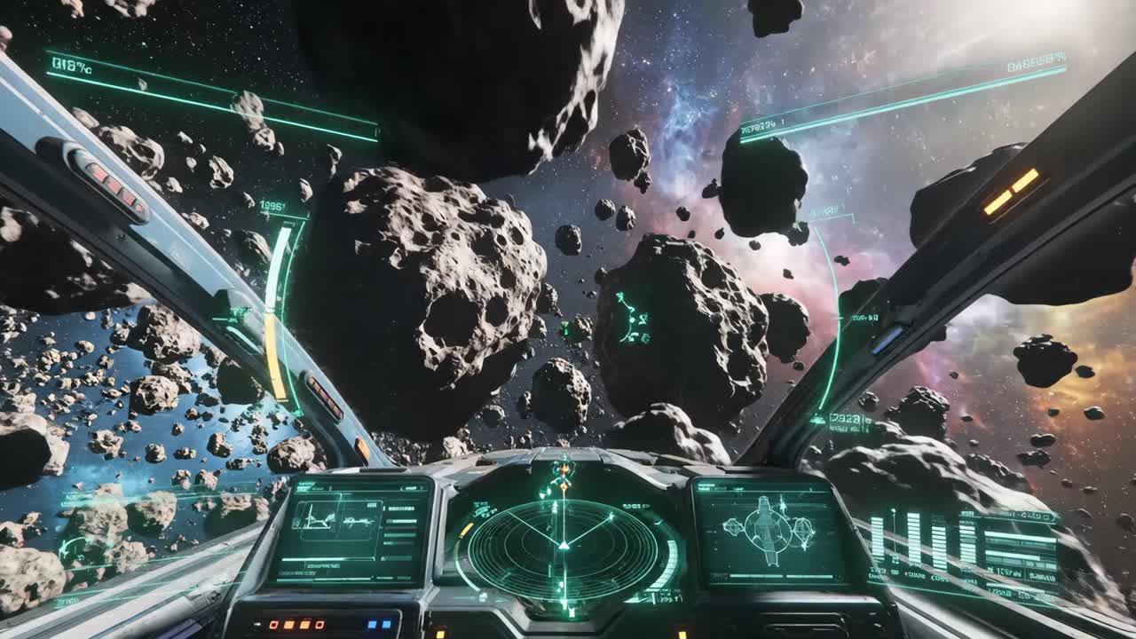 Spaceship Cockpit View in Asteroid Field