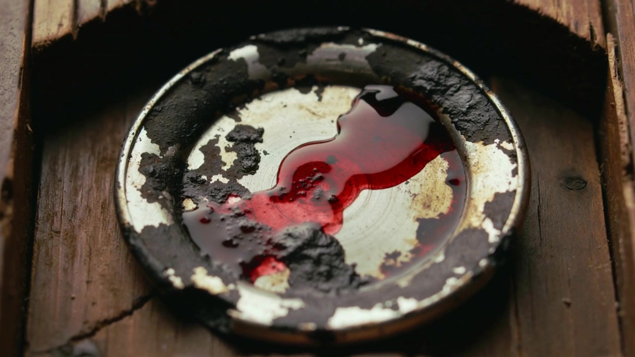 Spreading red liquid forming glossy drop on circular metal lid in wooden crate, charred rim