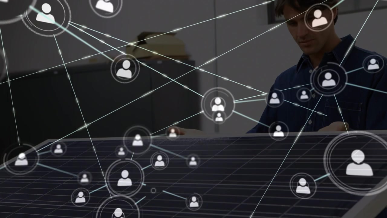 Engineer Examining Solar Panel with Digital Network Overlay