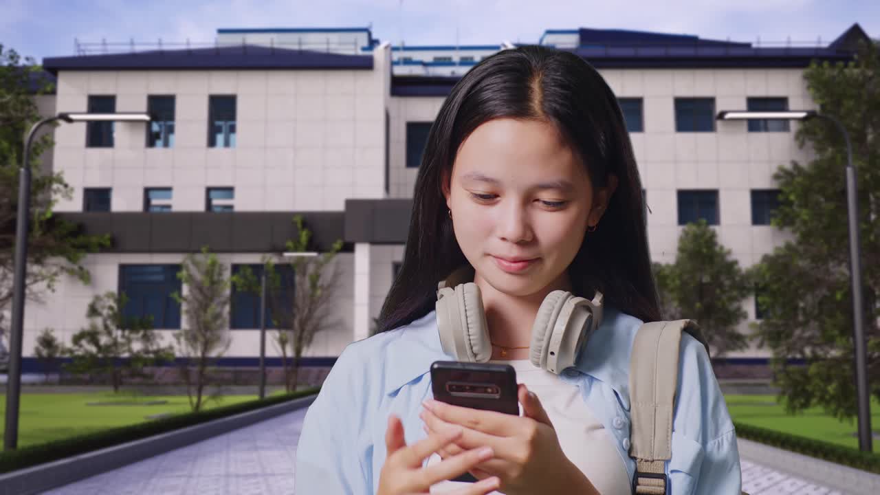 학교 건물 앞에 서 있는 스마트폰을 사용하고 을 가리키는 배을 가진 아시아 십대 소녀 학생의 근접 사진