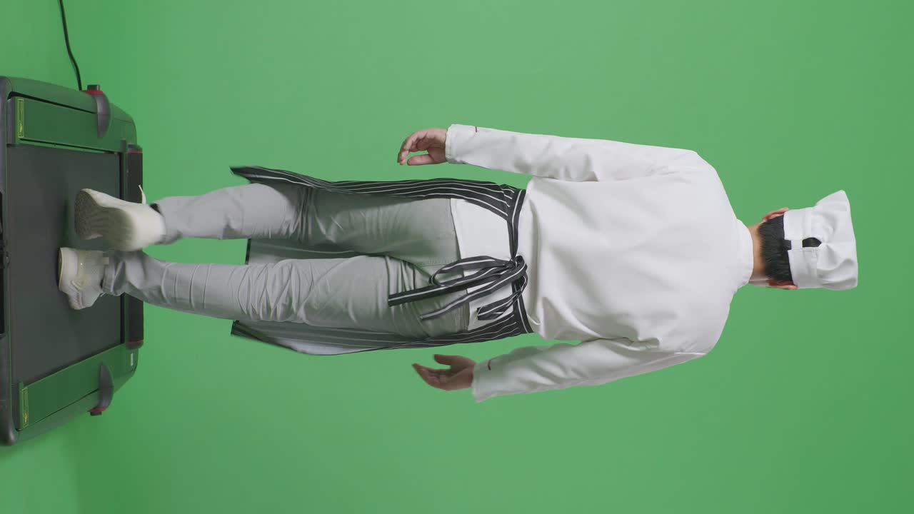 뒷모습으로 가득 찬 몸, 아시아 남성 요리사, 트레드밀을 고 녹색 스크린 배경 스튜디오를 둘러보고