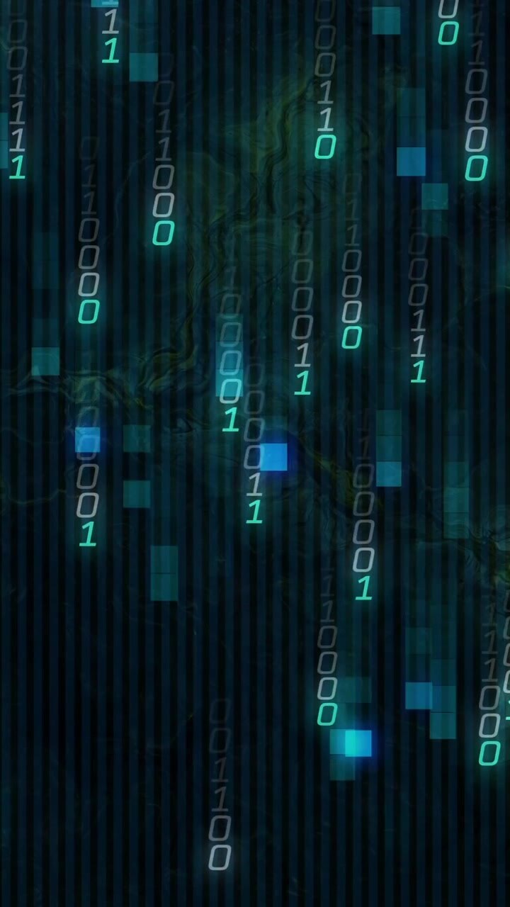 Animazione di codice binario e quadrati blu che scorrono a cascata su uno sfondo di matrice digitale.