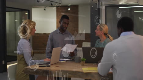 Animation-of-graphs,-loading-bars-and-circles-over-diverse-coworkers-discussing-report-in-office