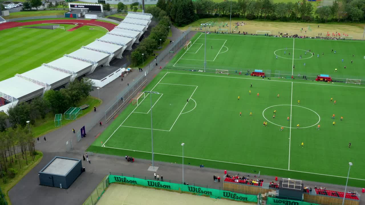 Football tournament at soccer fields, ReyCup International, Aerial view