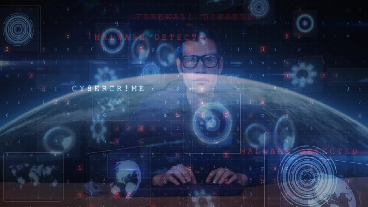 animación de escaneo de alcance y procesamiento de datos sobre hacker caucásico y globo.