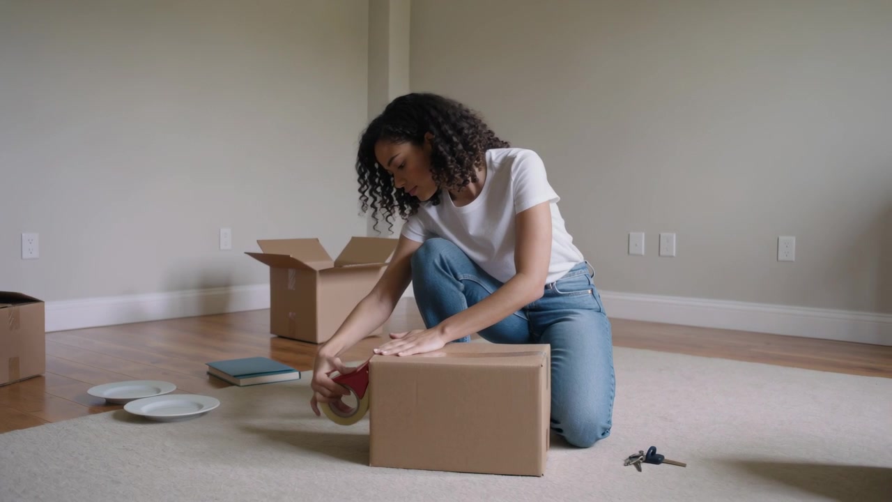 Positioning box, woman in white T-shirt and blue jeans pulling red tape dispenser packing at home