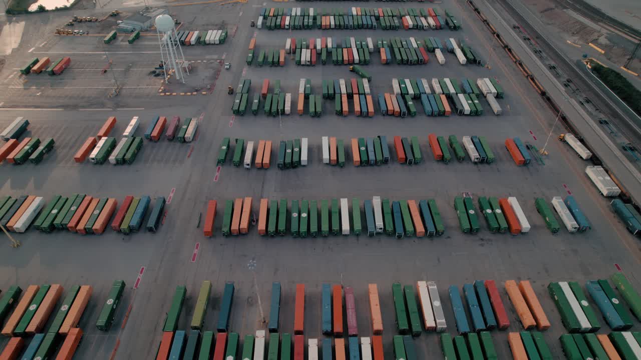 fabuluos drone aerial of Intermodal Terminal Rail road with yard full of containers