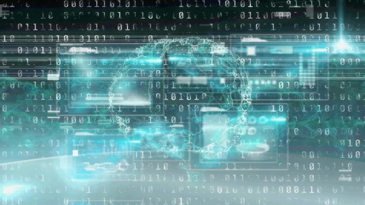 Animation of human brain and binary coding, data processing on screens