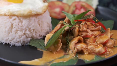 authentic thai cuisine with fried egg on rice and penang curry topped with basil leaves on a spinning black plate close up