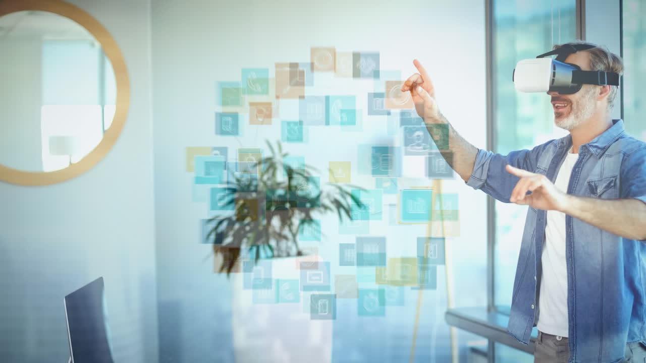 usando auriculares de realidad virtual, hombre interactuando con iconos digitales en el fondo de la oficina