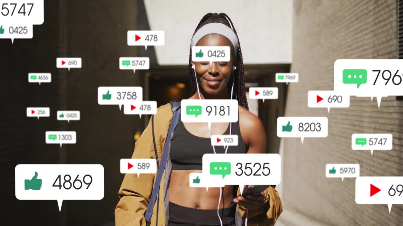 Walking with social media notifications floating, woman using animation outdoors