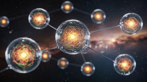 a vibrant representation of quantum particles in an interstellar setting, highlighting the intricacies of atomic structures and their energy patterns in space
