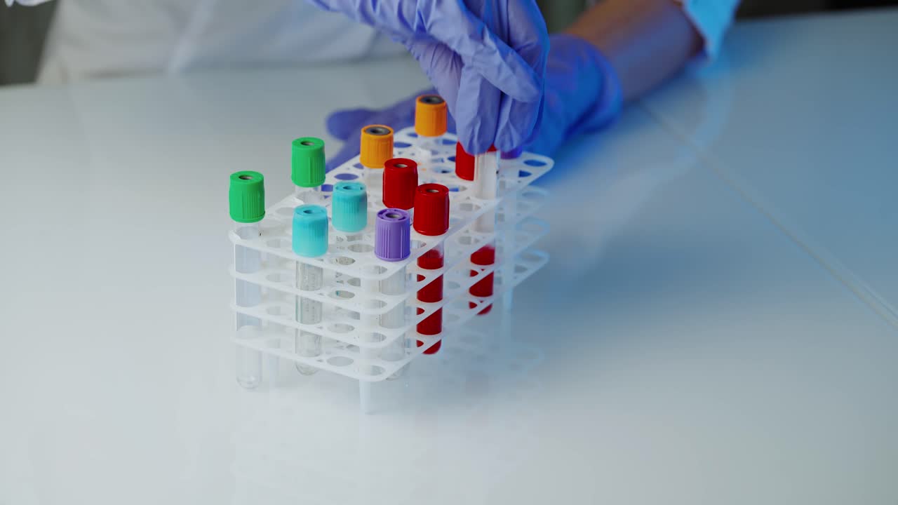 Test tubes with blood samples. Lab technician assistant analyzing a blood sample in test tube at laboratory