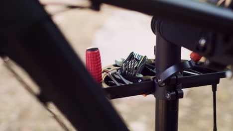 close-up of tools on bicycle workstand